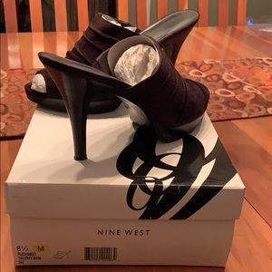 Super cute suede high heel mules.